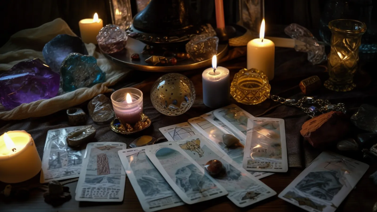 Table de divination : cartes de tarot, cristaux et bougies